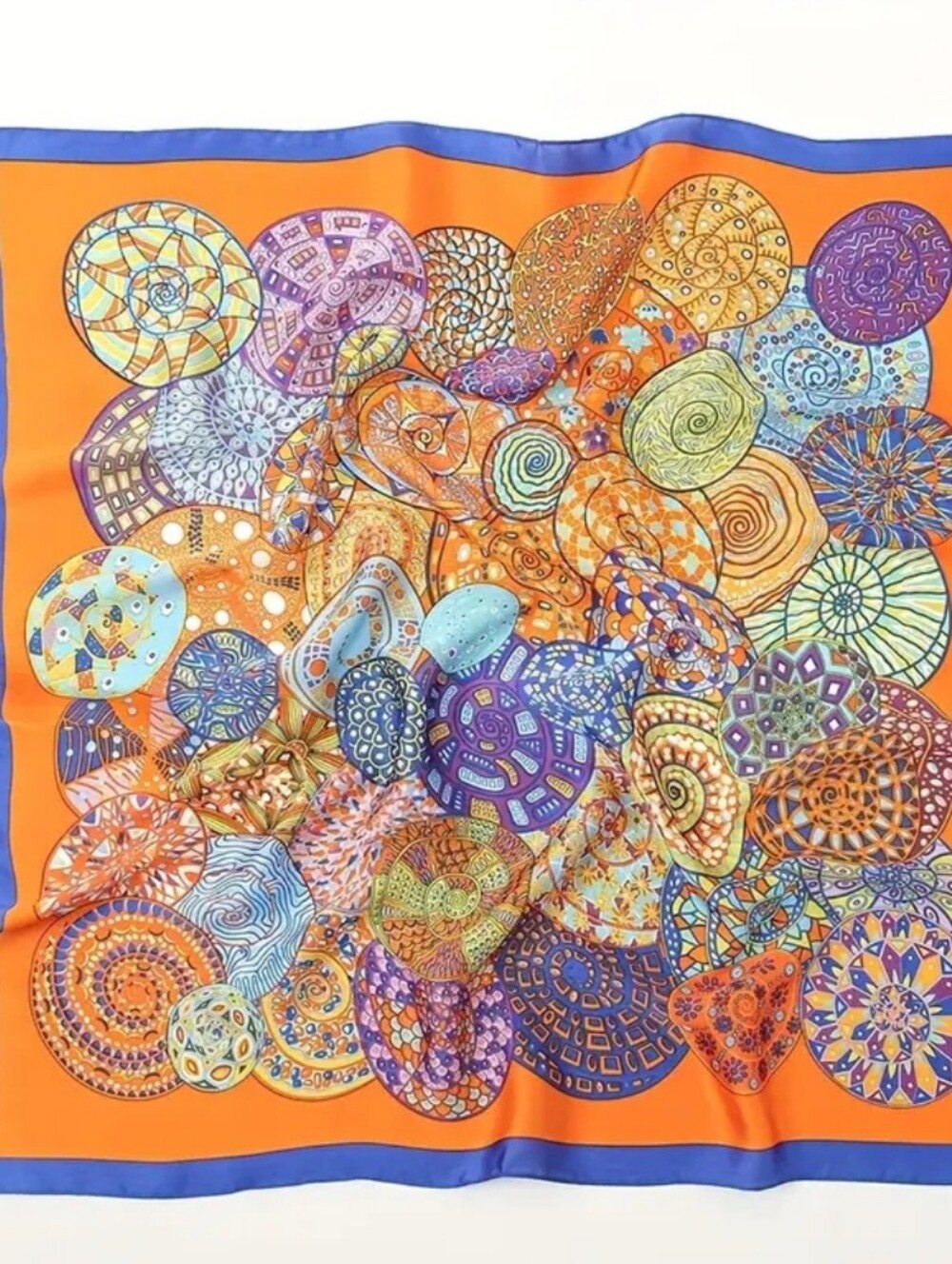 Silk - Feel Orange & Blue Patterned Scarf - Womens Head Scarf , Neck Scarf - Picture 2 of 4